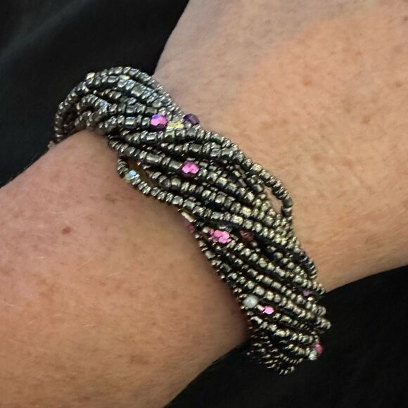 Bohemian Handmade Marcasite Silver Grey Beaded Bracelet with crocheted Closure - Picture 3 of 6